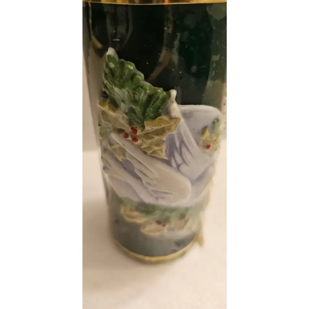 Vintage Christmas Candle Sculpted Green Dove Holly Carved 3D 6” x 2.5